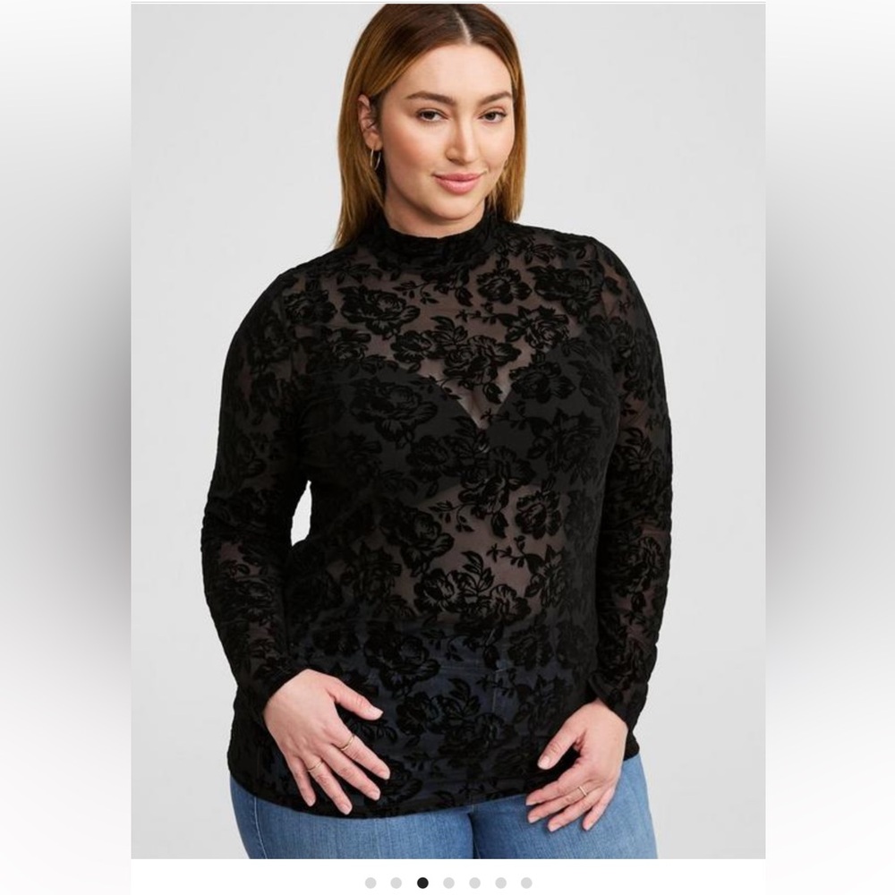 TORRID Flocked Mesh Mock Neck Black Long Sleeve Floral Top Size 1X 14/16 NEW - Picture 6 of 6